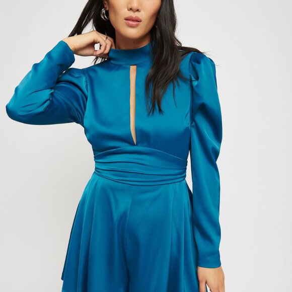 Blue Jodie Mock Neck Satin Romper - Picture 2 of 10